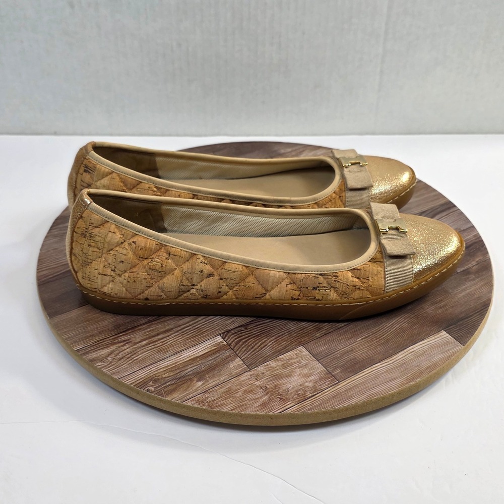 Sesto Meucci Ballet Flats Womens 10M Gold Cork Quilted Bow Metallic Toe
